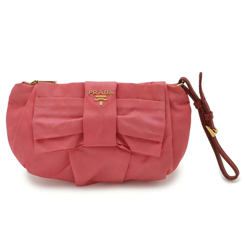 Prada Ribbon Wristlet Pouch Clutch Cosmetic Makeup Case Leather Pink